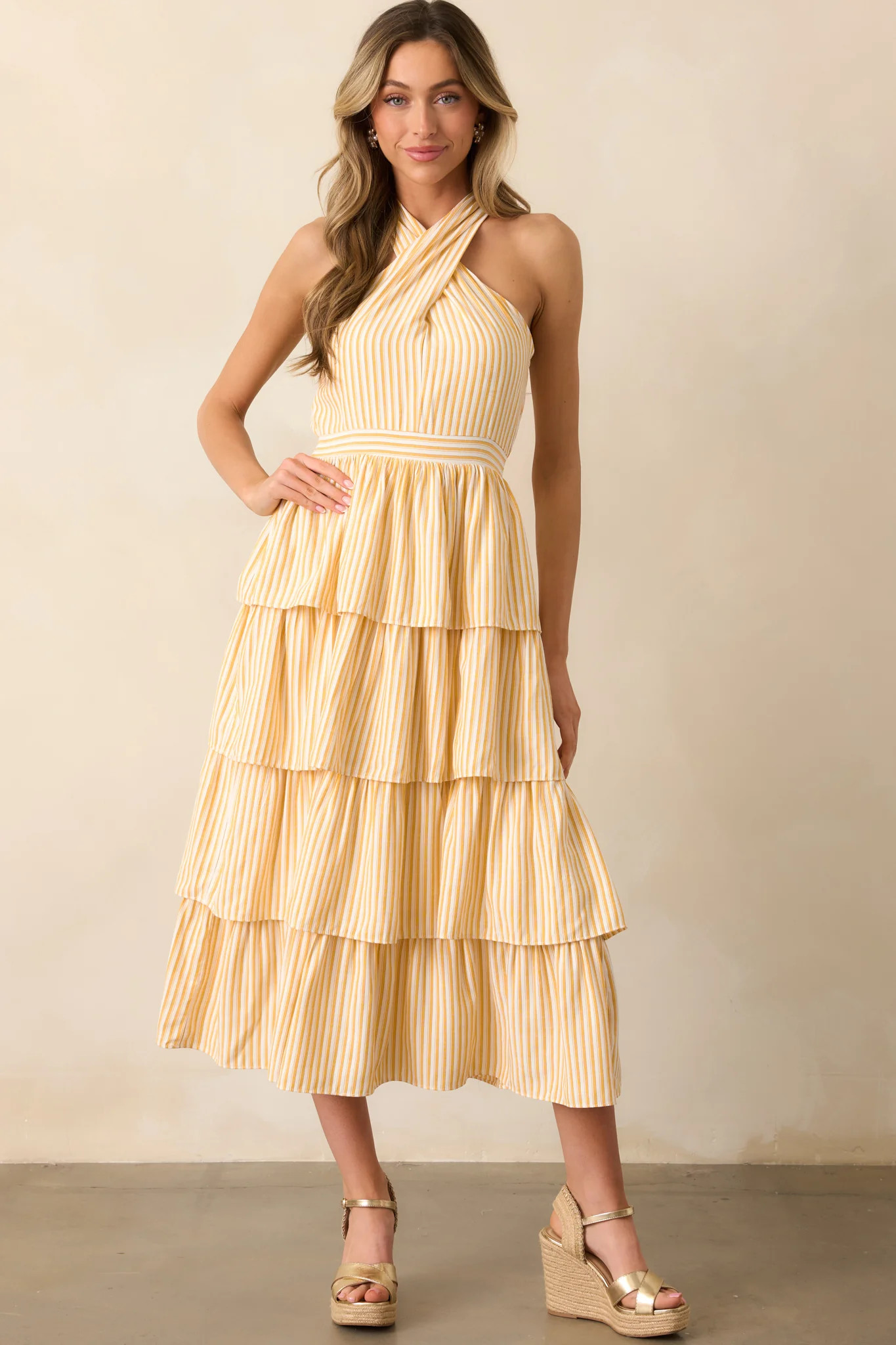 Where I Want To Be Yellow Stripe Tiered Halter Maxi Dress | Red Dress