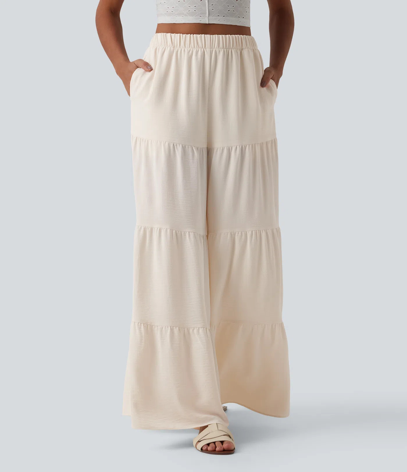 Women’s High Waisted Wide Leg Flowy Linen-Feel Pants with Pockets - Halara | HALARA