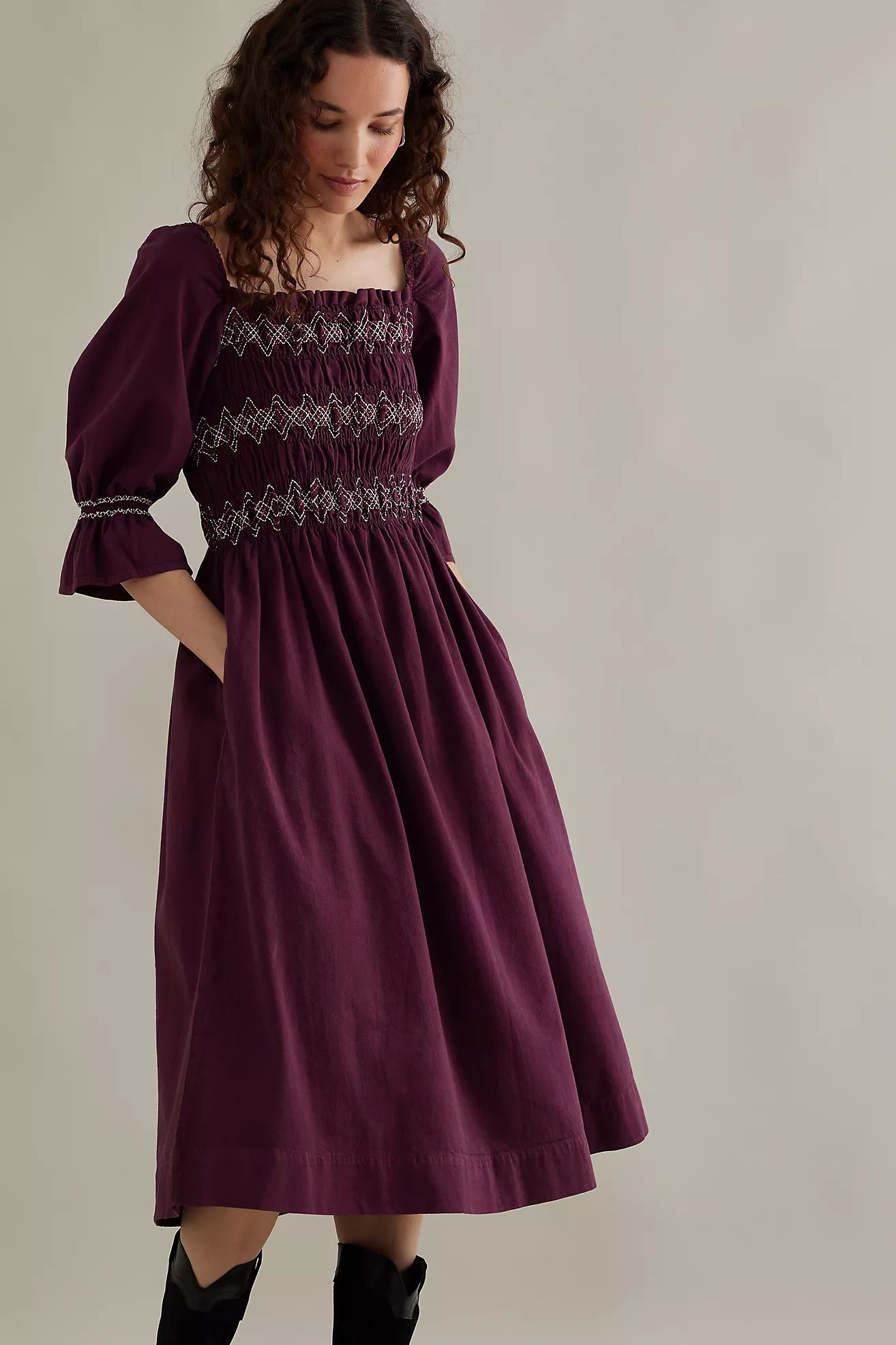 Seventy + Mochi Sally Half-Sleeve Square Neck Smocked Denim Midi Dress | Anthropologie (UK)
