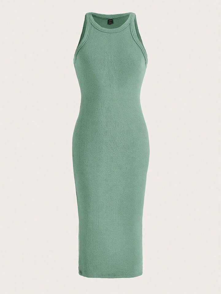 SHEIN EZwear Solid Ribbed Knit Tank Dress | SHEIN