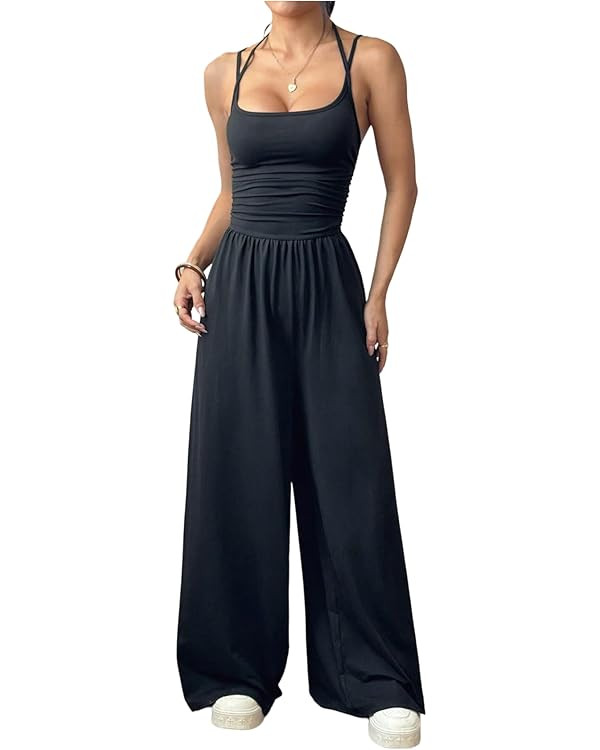 Floerns Women's Summer Jumpsuit Spaghetti Strap One Piece Outfit Wide Leg Baggy Pants Romper | Amazon (US)