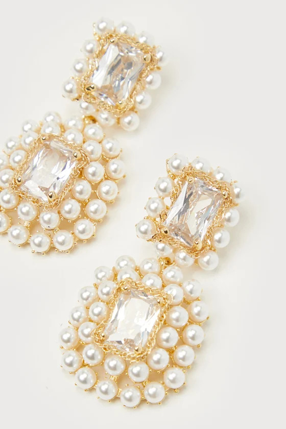Glamorous Ambitions White Pearl Rhinestone Statement Earrings | Lulus
