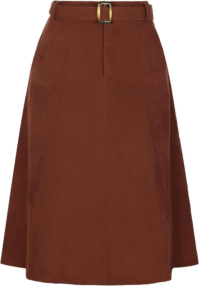 Allegra K Women's High Waist Elastic Back A-Line Belted Winter Fall Midi Corduroy Skirt | Amazon (US)