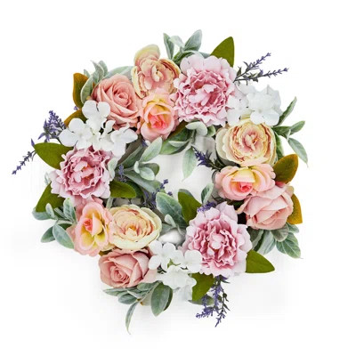 20" Artificial Spring Peony Wreath for Front Door, Pink Floral Wreath with Roses, Lavender & Rabbit Ear Leaves, Decorative Door Wreath for Wall, Windo | Wayfair North America