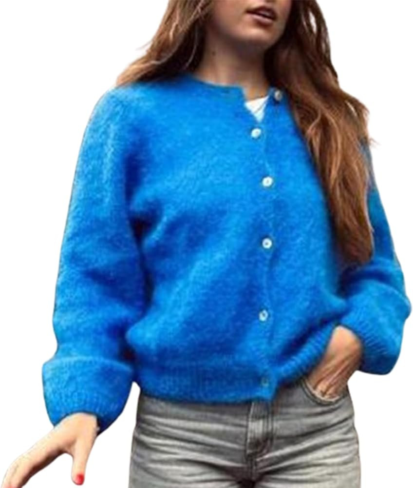 Women Y2k Knitted Cropped Cardigan Sweater Long Sleeve Crewneck Button Down Open Front Knitwear T... | Amazon (US)
