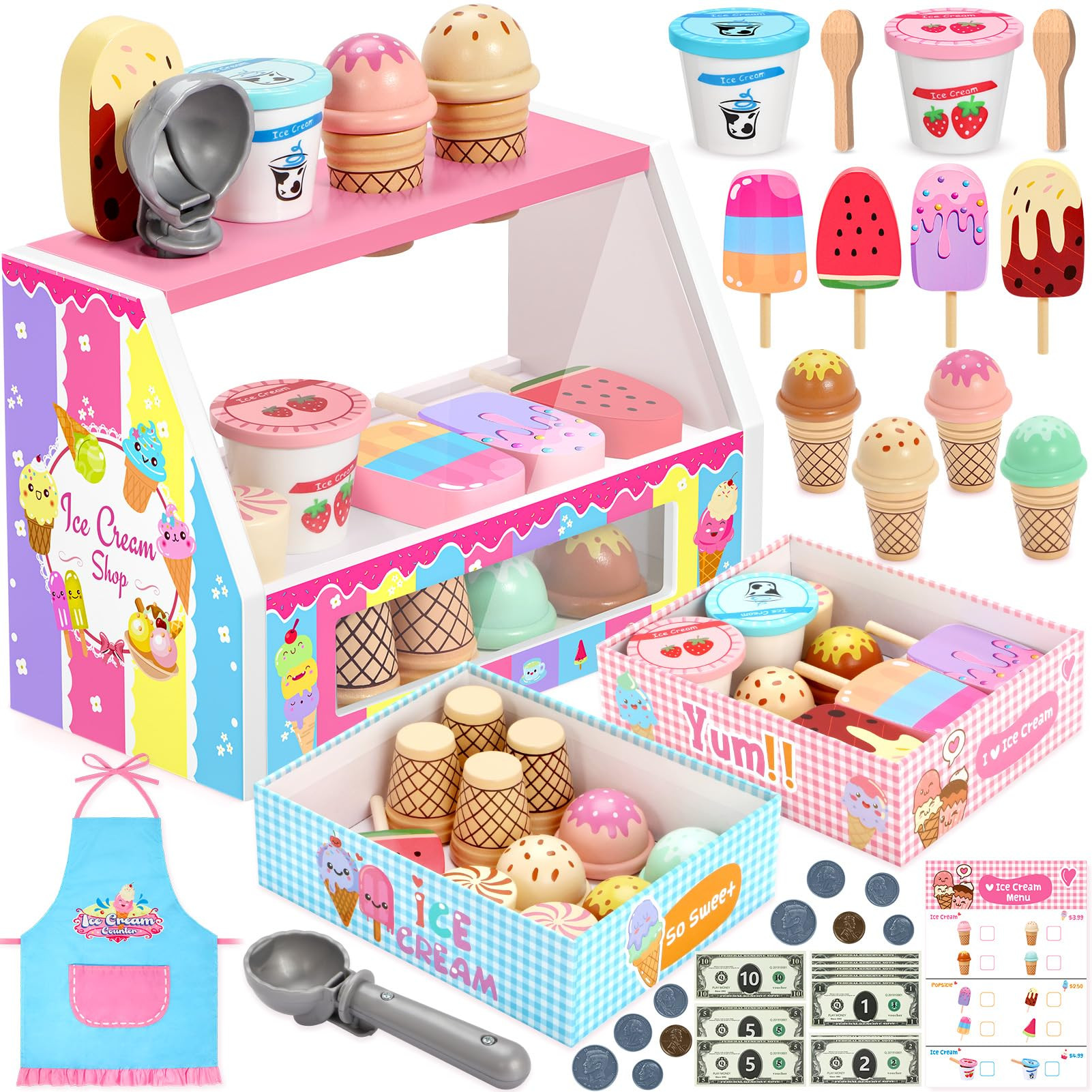 INNOCHEER Ice Cream Toy, Wooden Ice Cream Play Set, Pretend Play Kitchen Toys, Ice Cream Toys for... | Amazon (US)