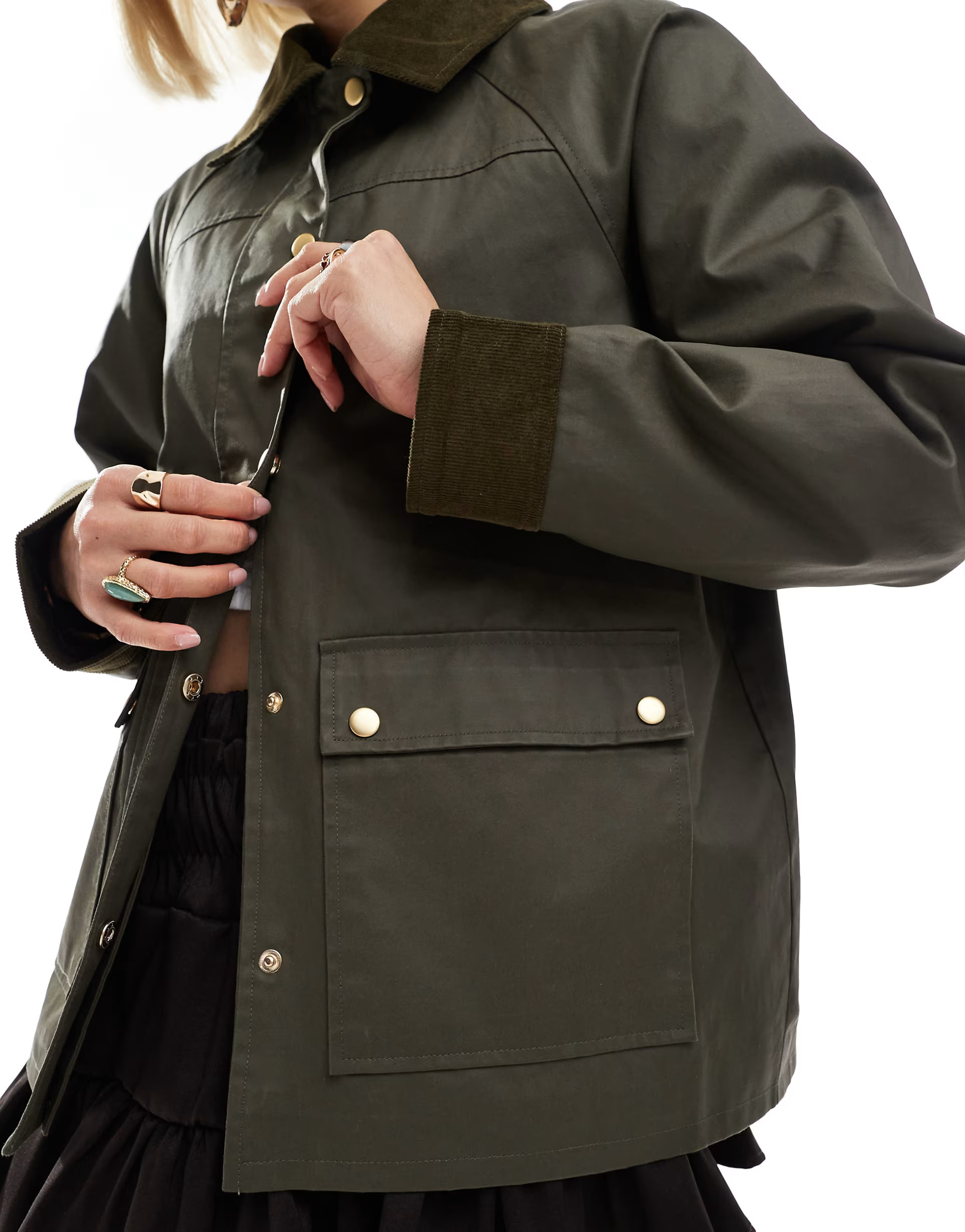 ASOS DESIGN cord top collar waxed barn jacket in olive | ASOS | ASOS (Global)