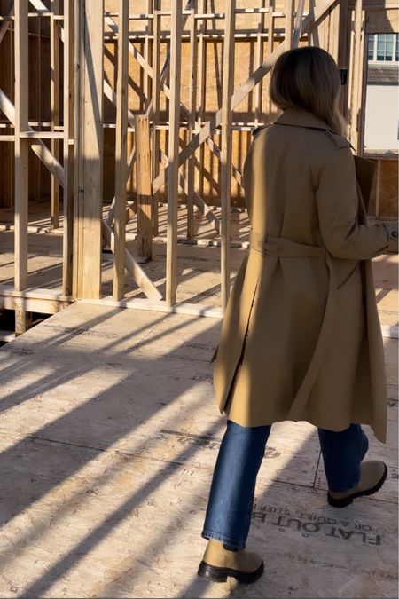 Favorite trench coat for the season by Sezane and Jenni Kayne Boots with mockneck top and Celine sun glasses  