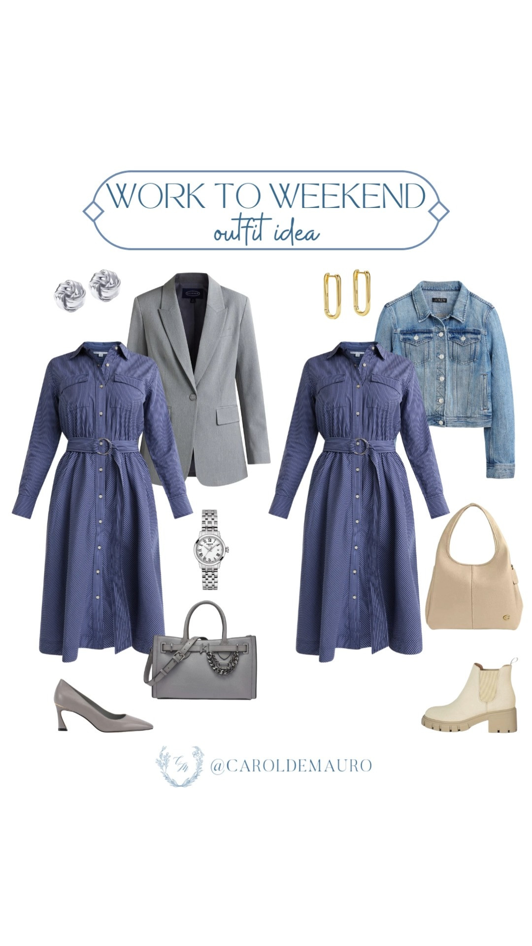 If you are naturally drawn to icy colors for your looks to complement this season, then here’s a look to recreate: pair a blue pinstriped tie-belted dress with a gray blazer and silver accessories for the office and switch it up with a denim jacket and Chelsea boots for the weekend!
#seasonalfashion #semiformal #petitelook #capsulewardrobe 

 #LTKSeasonal #LTKStyleTip #LTKShoeCrush