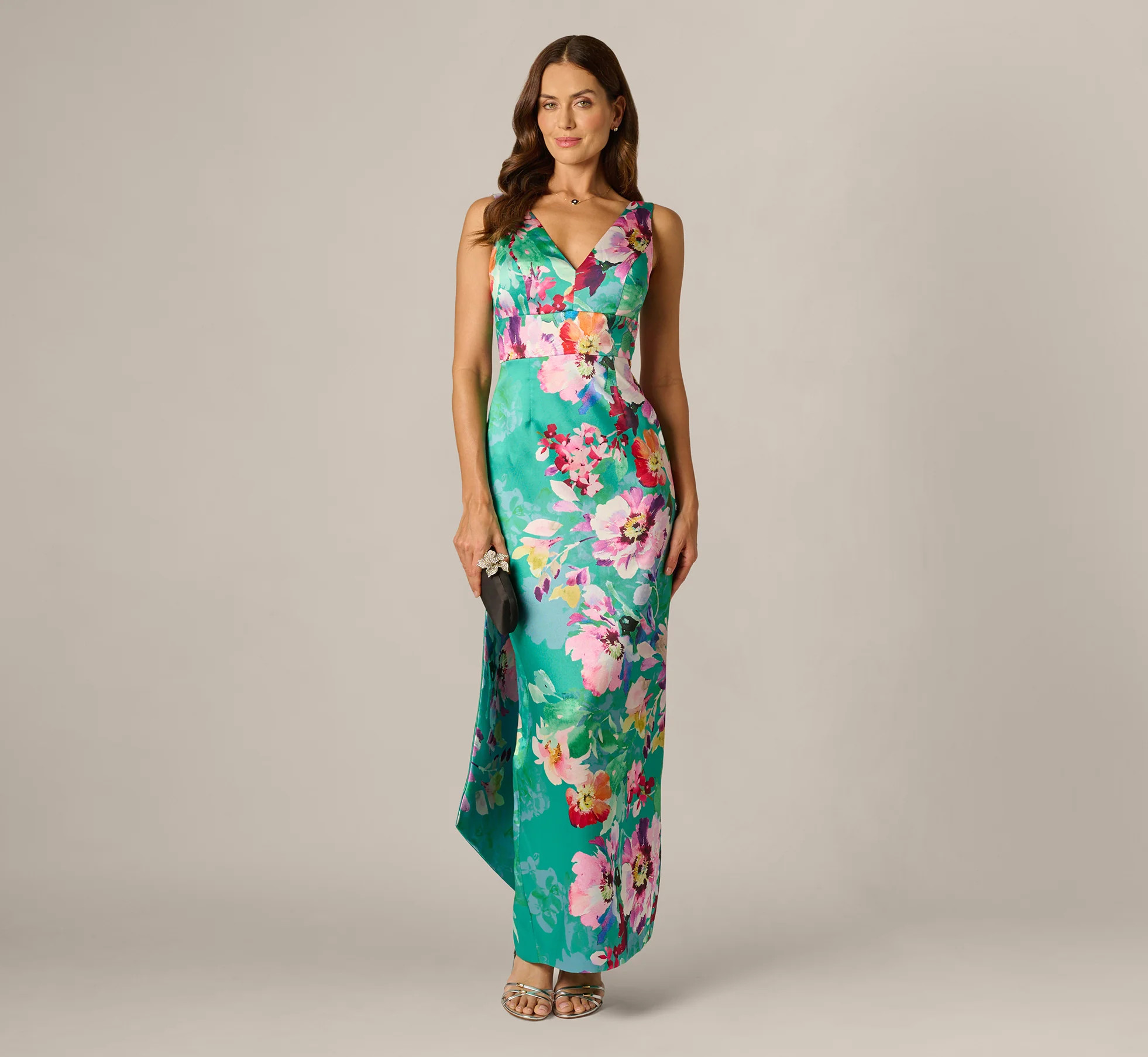 Floral Mikado Scarf Train Column Gown In Green Multi | Adrianna Papell