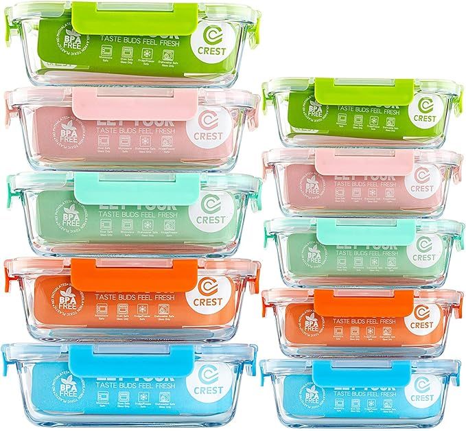 [10-Pack] Glass Food Storage Containers (A Set of Five Colors), Meal Prep Containers with Lids fo... | Amazon (US)