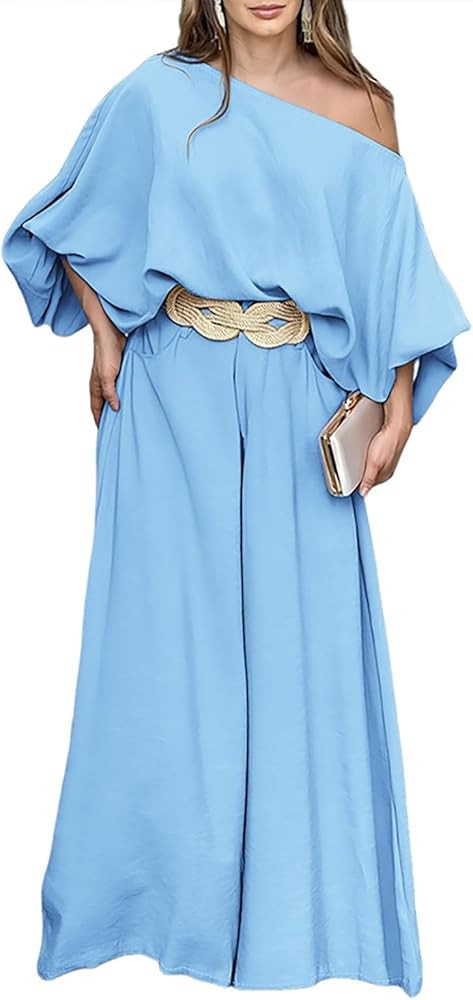 CHICME Women Summer 2 Piece Outfits Off Shoulder Lantern Sleeve Top Flowy Wide Leg Pants Set | Amazon (US)