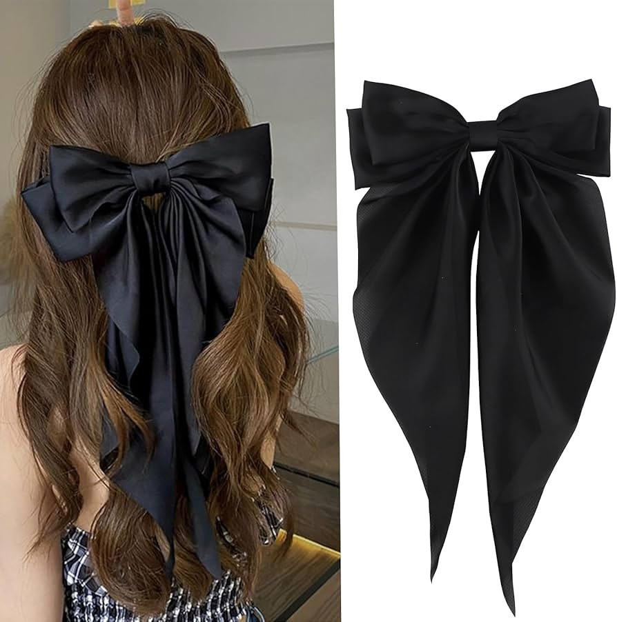 Hair Bow Clip, Black Silky Satin, Oversized Long-tail French Hair Accessory for Women, 1PC | Amazon (US)