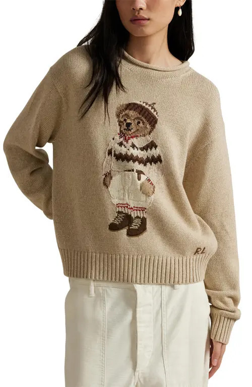 Polo Ralph Lauren Polo Bear Rolled Neck Cotton Sweater in Dark Almond Marl at Nordstrom, Size Xx-Large | Nordstrom