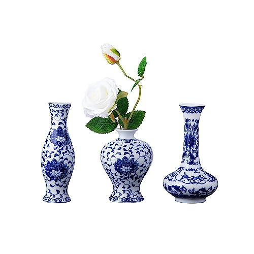 Set of 3 Small Blue & White Porcelain Vases, Fambe Glaze Porcelain Vases Set of 3, Classic Ceramic Flower Vases for Home Décor | Amazon (US)