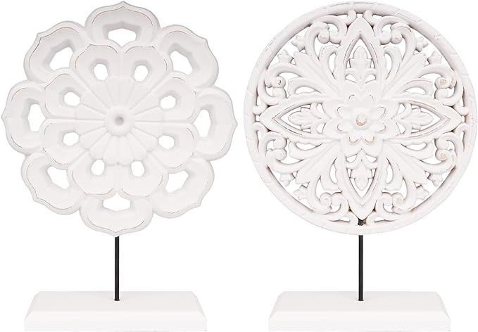 AXEARTE 2 Pack Wooden Carved Cutout Flower Medallion Sculpture, Rustic Distressed White MDF Statu... | Amazon (US)