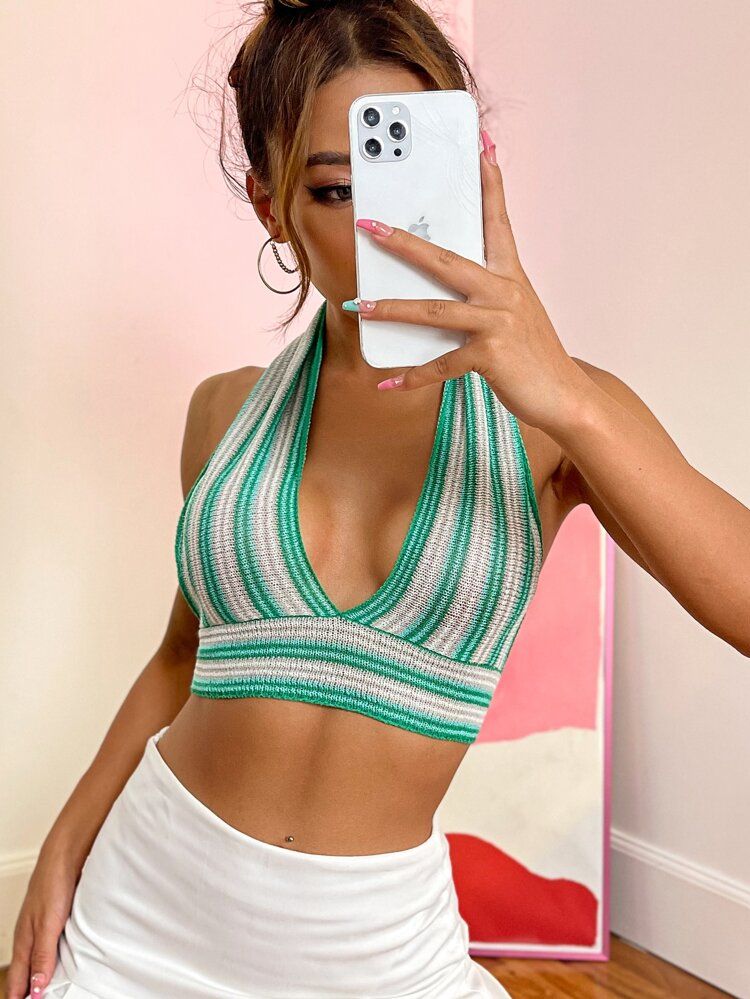 Tie Backless Two Tone Striped Crop Halter Knit Top | SHEIN