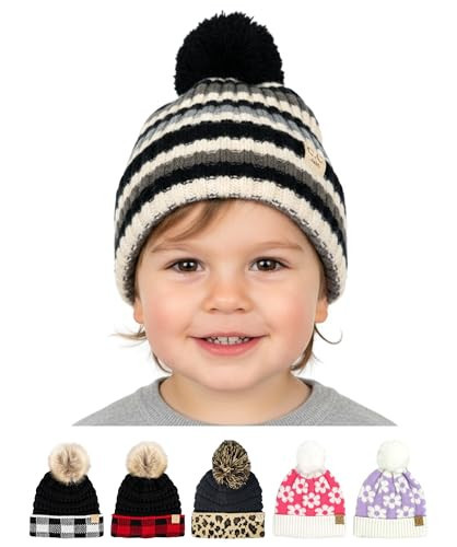 Funky Junque Toddler Pom Beanie – Warm Kids Winter Hat for Ages 1–4, Cozy Knit Snow Beanies for Baby Boys & Girls - Multi Color Stripes - Black | Amazon (US)