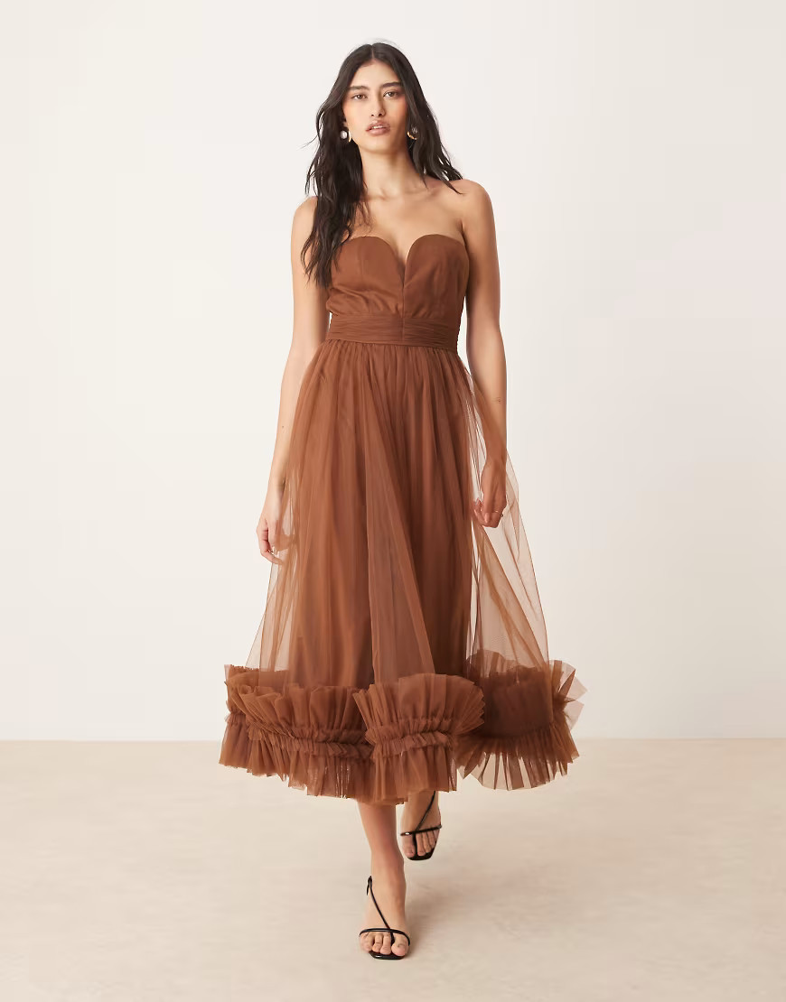 Lace & Beads corset tulle ruffle hem midaxi dress in brown | ASOS (Global)