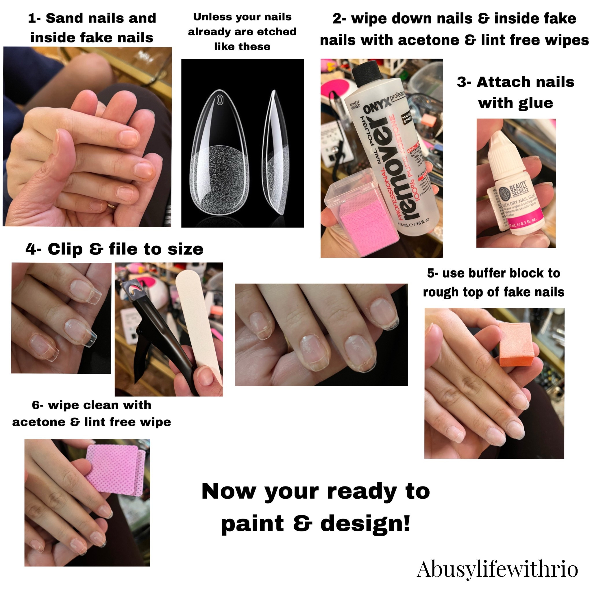 How to: Fake nails at home step by step. I hope this step by step process of putting fake nails on at home helps you! 
You can even do this process for fake nails you buy at the store that come pre-painted with designs to make them stay on longer! 

#nails #fakenails #nailsathome #diynails #fakenailsathome 