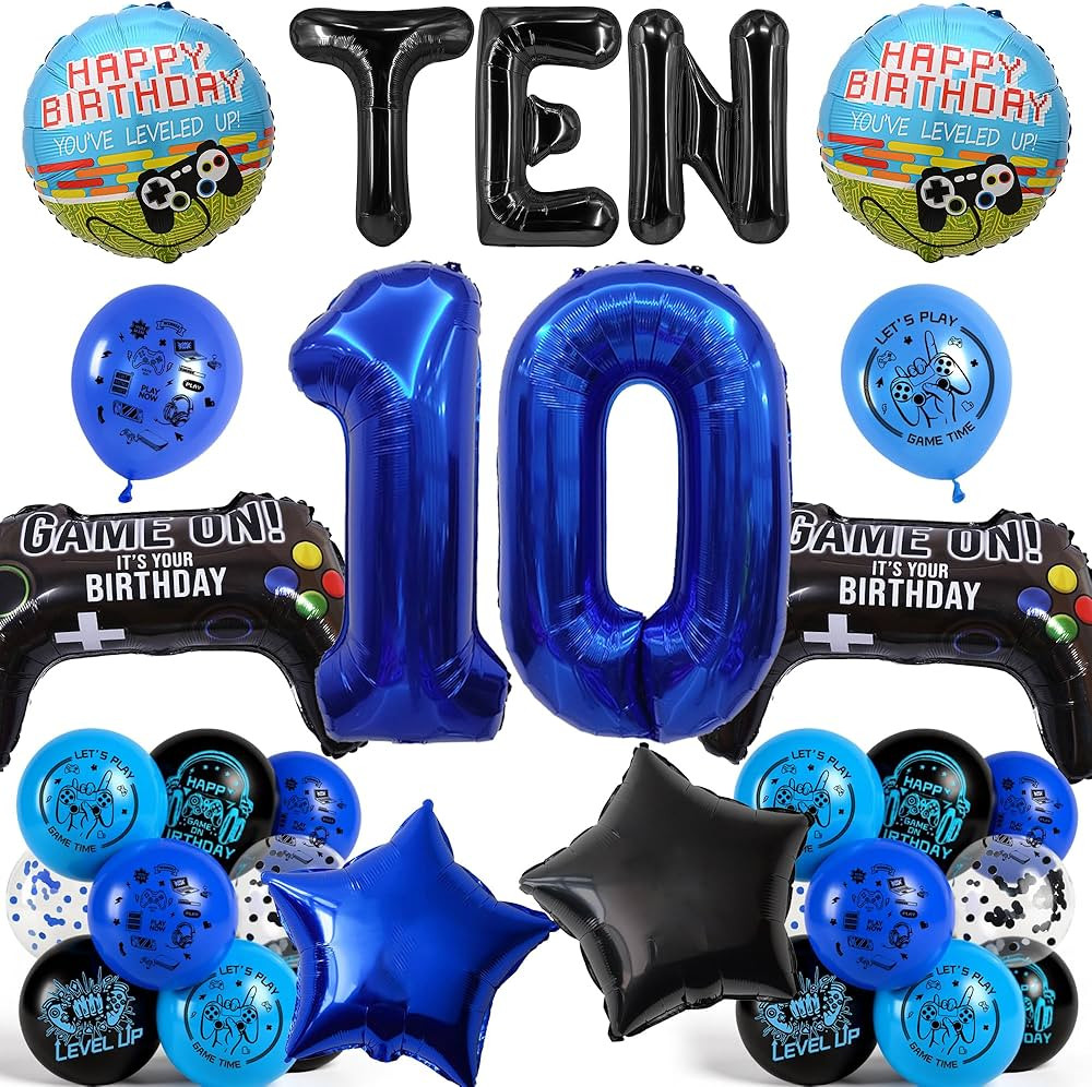 Video Game Birthday Decorations Balloons - Blue Gaming 10th Decoration Set with Controller Giant ... | Amazon (US)