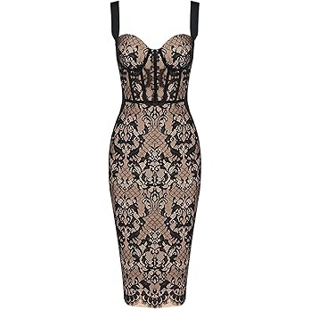 Lace Fishbone Midi Cocktail Party Bandage Dress for Women Back Slit Wedding Guest Dress | Amazon (US)
