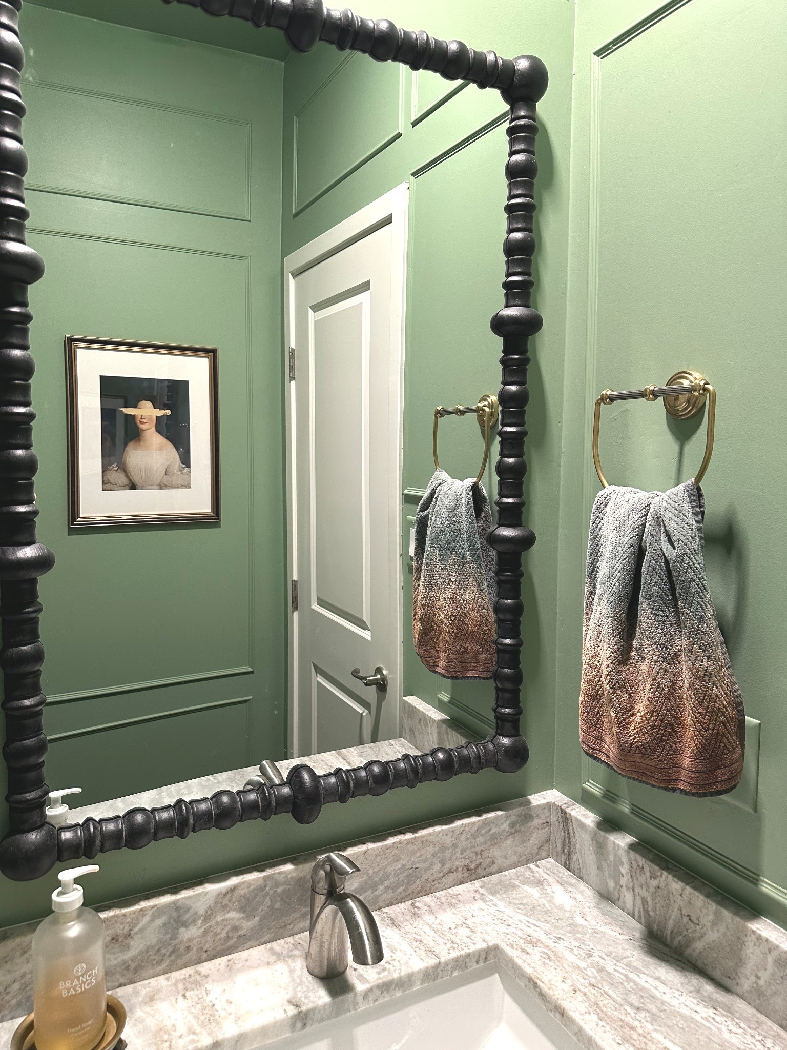 Powder bathroom in farrow & ball breakfast room green and Missoni towel 

#LTKHome