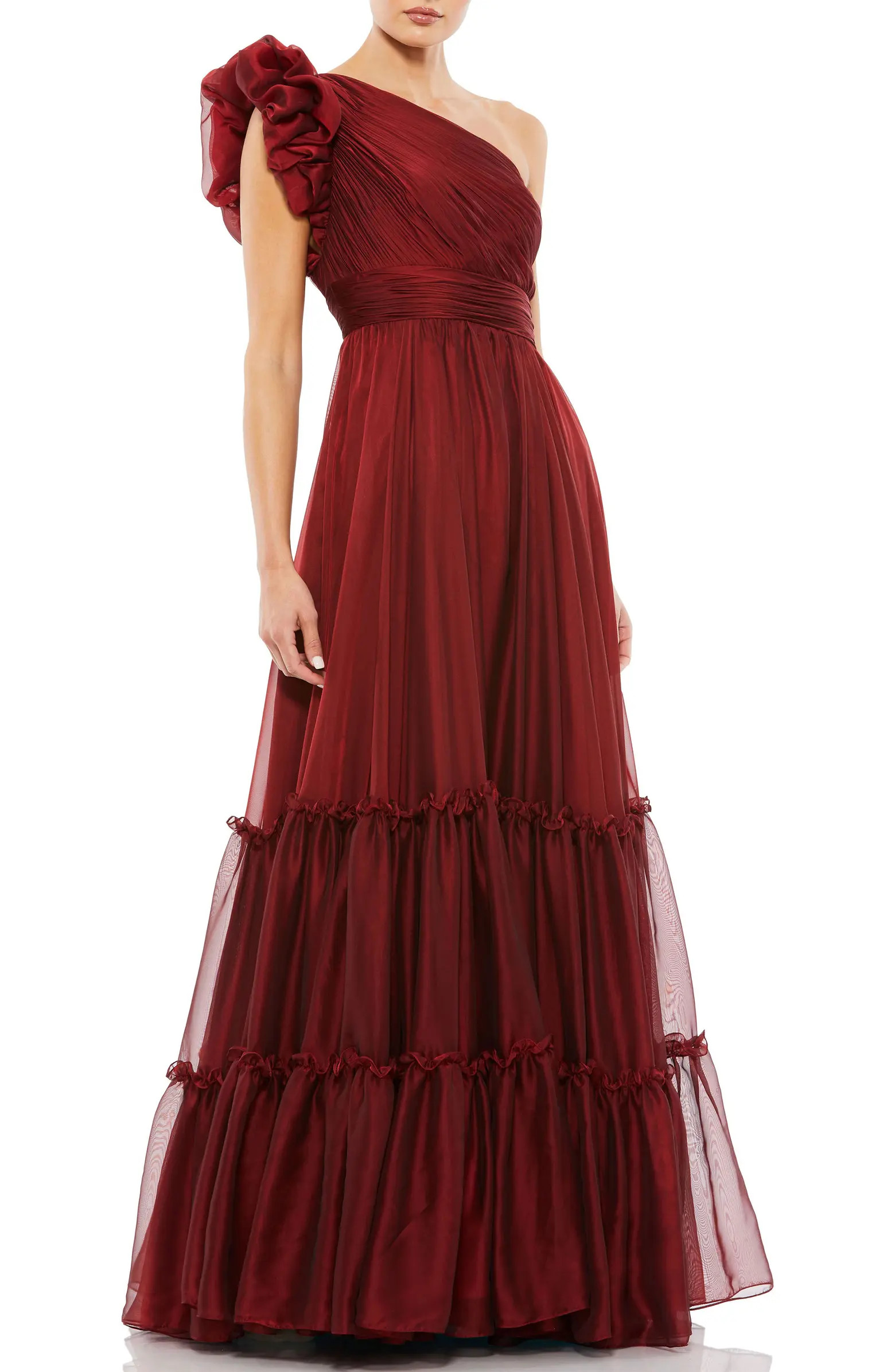 Organza One-Shoulder Pleated Ruffle Gown | Nordstrom