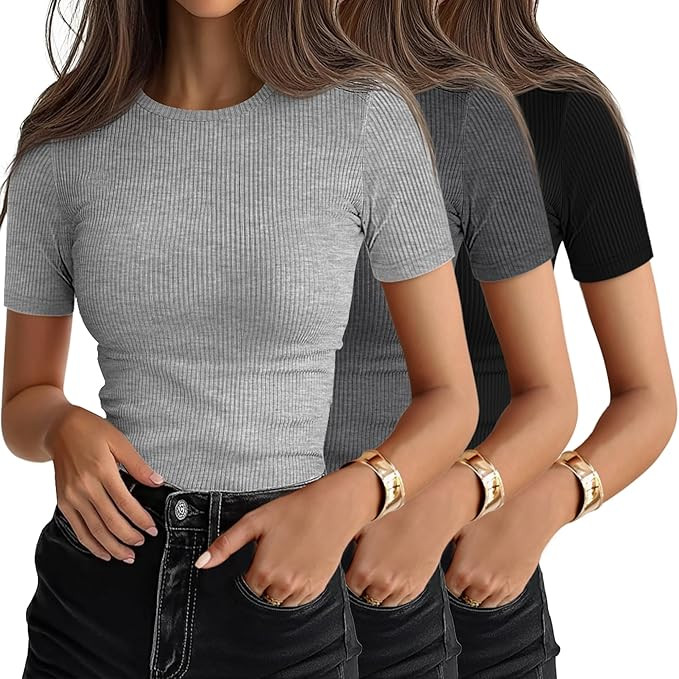 Ficerd 3 Pack Women's Ribbed T-Shirts, Cotton Short Sleeve Basic Tees Crewneck Fitted Tops Casual... | Amazon (US)