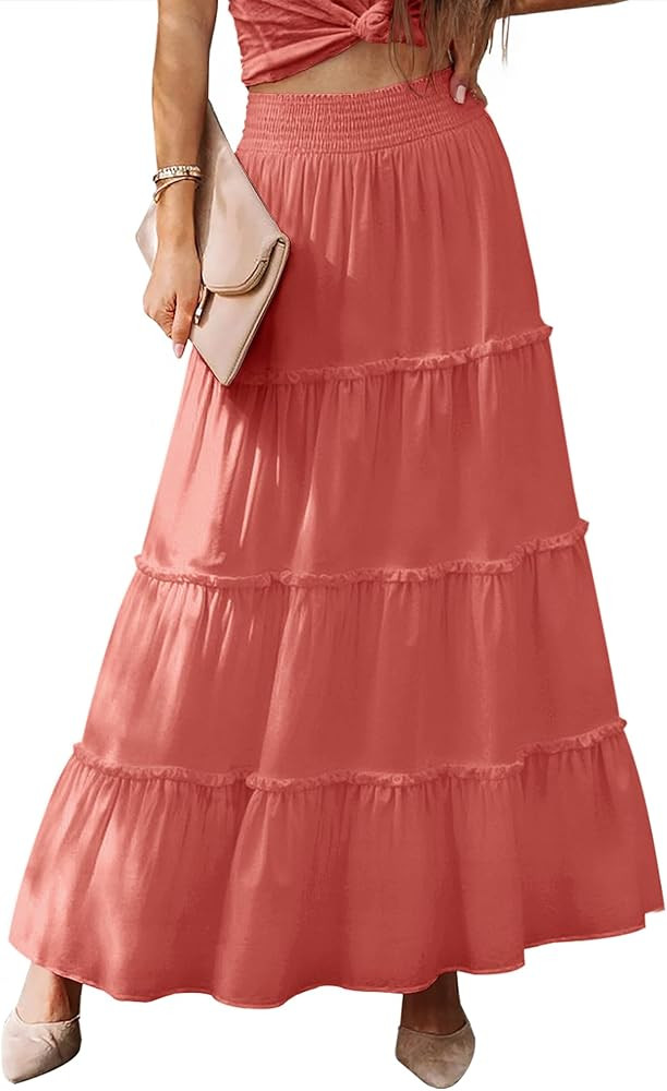 Women’s Summer Boho Maxi Skirts Smocked High Wasited Flowy Tiered Ruffle A Line Long Beach Skir... | Amazon (US)