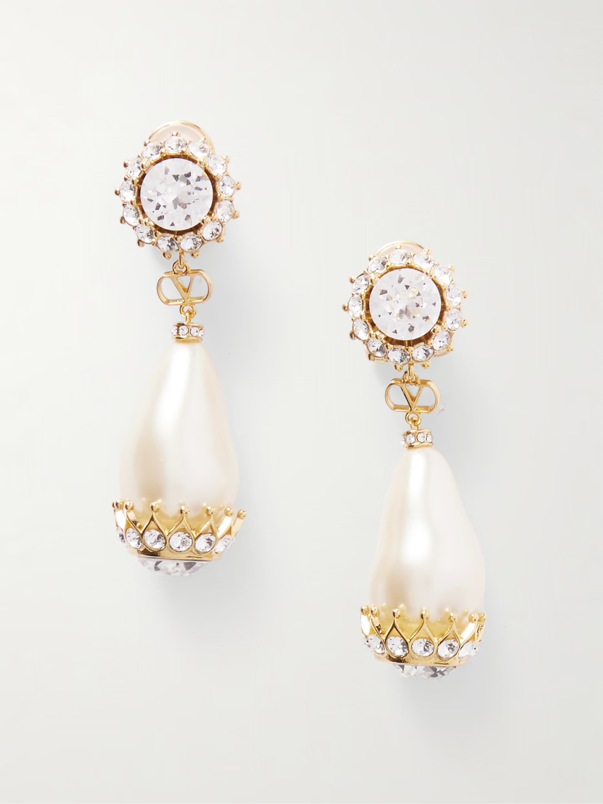 Valentino Garavani - Gold-tone, Faux Pearl, Crystal And Resin Clip Earrings - White | NET-A-PORTER (US)
