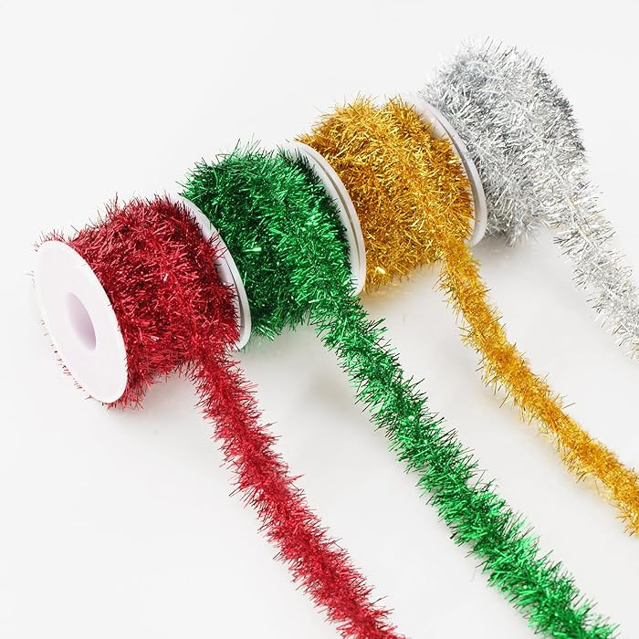 KINGLAKE Glitter Christmas Tinsel Garland - 4 Rolls 60 FT Christmas Tree Tinsel Garland Xmas Red ... | Amazon (US)