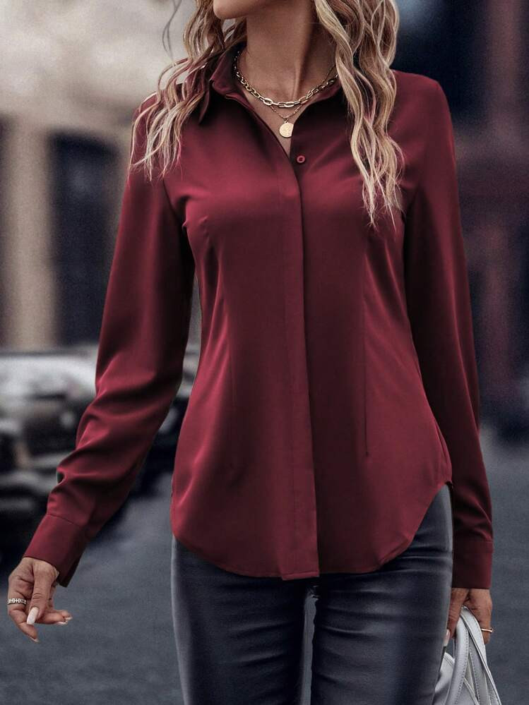 SHEIN Clasi Solid Curved Hem Shirt,Long Sleeve Tops | SHEIN