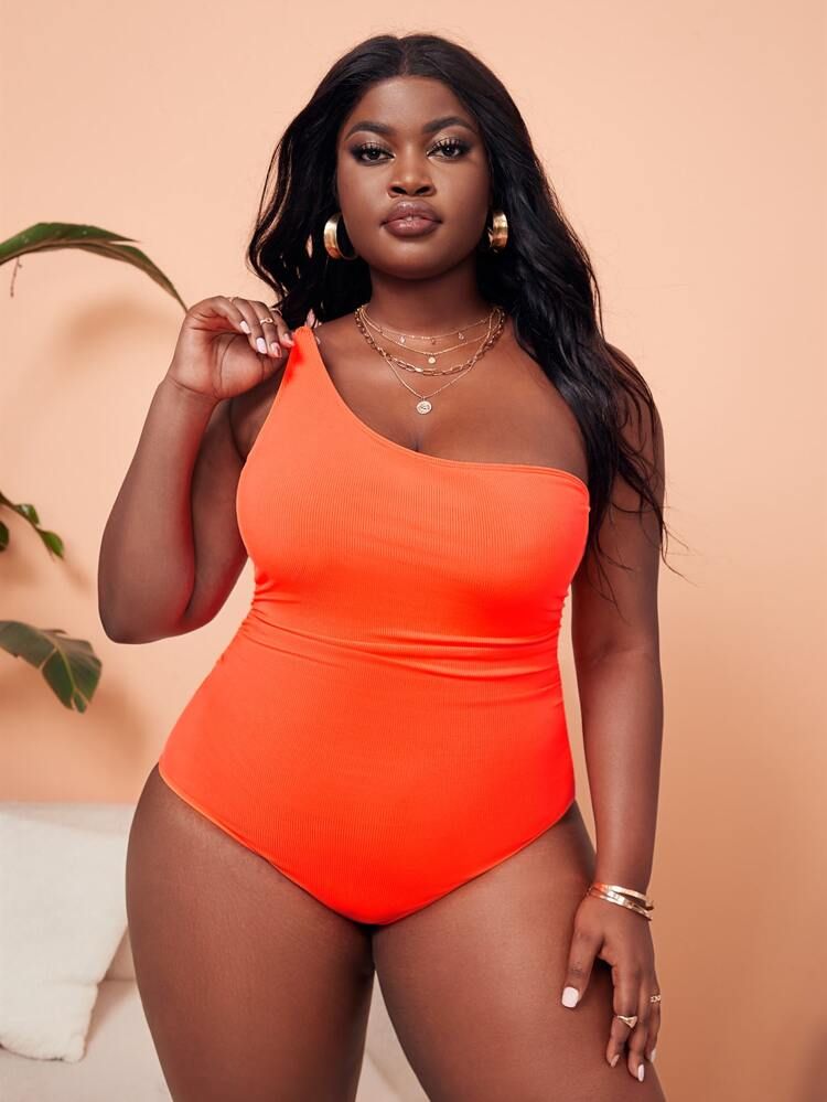 Plus Neon Orange One Shoulder One Piece Swimsuit | SHEIN