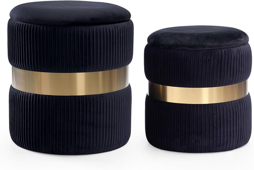 Round Velvet Storage Ottoman with Removable Lid Set of 2, Upholstered Footrest Stool with Gold Me... | Amazon (US)