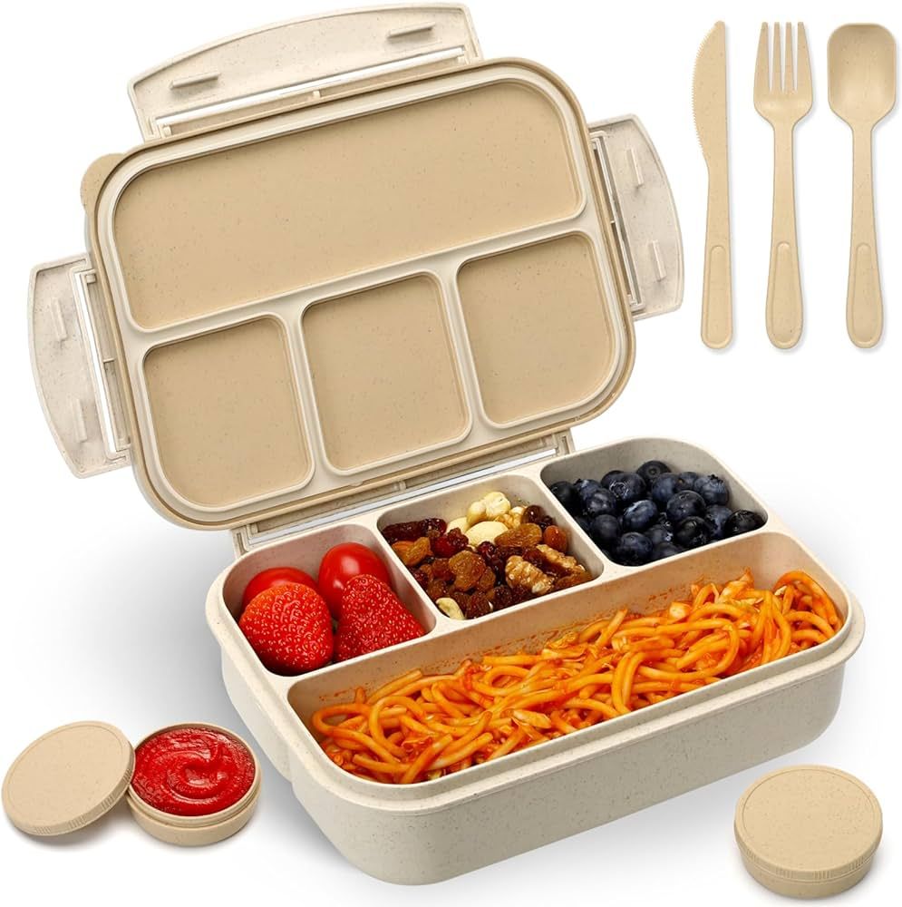 Bento Lunch Box for Kids, Wheat Straw 5.5 Cups Leakproof Adult Bento Box with 2 Sauce Jars, 4 Com... | Amazon (US)