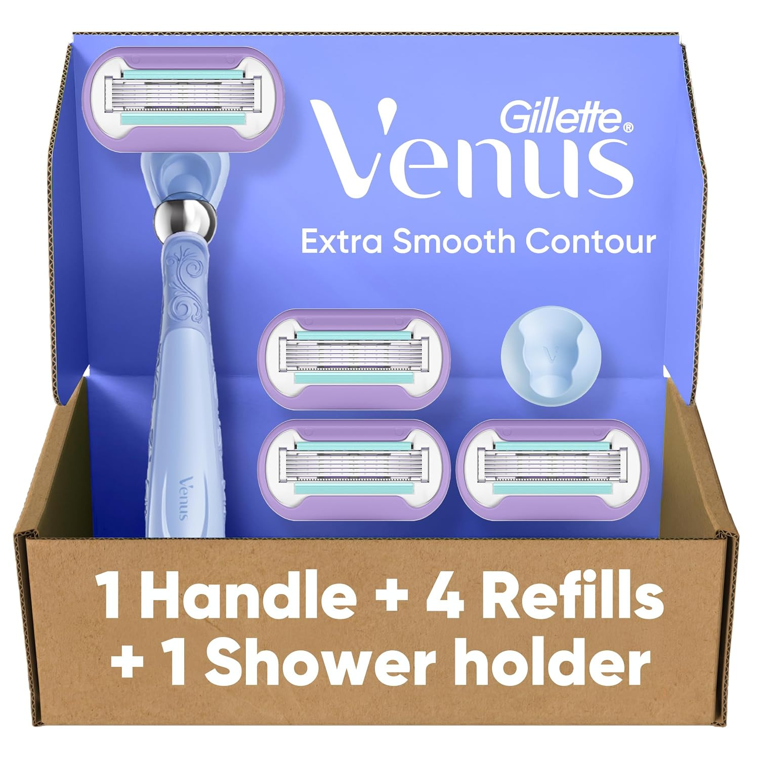 Gillette Venus Razor for Women, Extra Smooth Contour, Includes 1 Reusable Razor Handle + 4 Count 5-Bladed Razor Refills, with Flexiball Pivoting Handle and Shower Holder | Amazon (US)