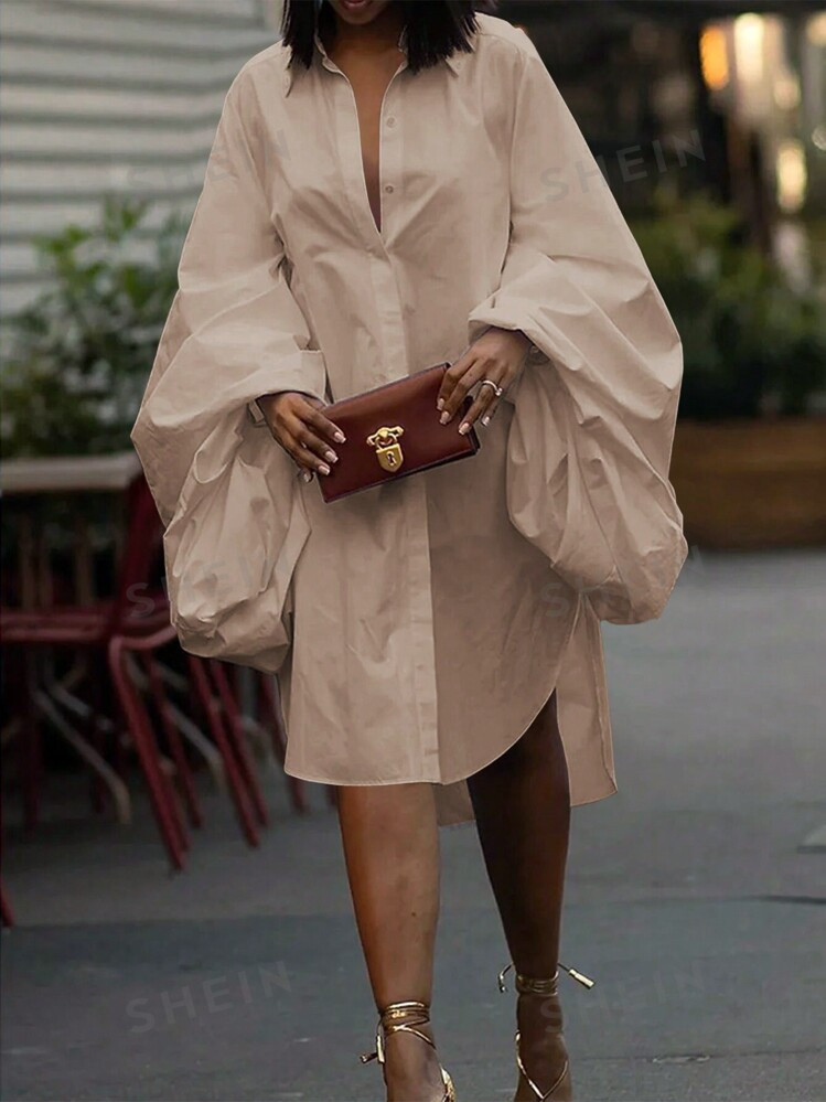 TrendsSHEIN Privé Women Spring Solid Color Statement Lantern Sleeve Button Front Shirt Dress | SHEIN