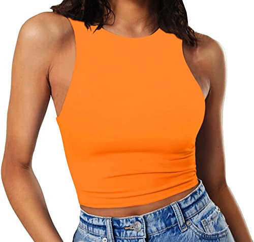 Artfish Women's Sleeveless Cropped Shirts High Neck Stretchy Fitted Basic Crop Tank Top (Orange, S) | Amazon (US)