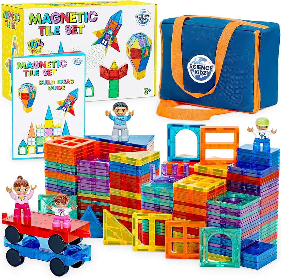 Science Kidz Magnetic Tiles - 100 Piece Set + 4 Play Figures + Storage Bag - Building Blocks for ... | Amazon (UK)