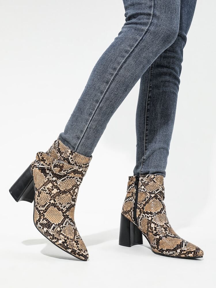 New
     
      Snakeskin Embossed Buckle Decor Zip Side Classic Boots | SHEIN