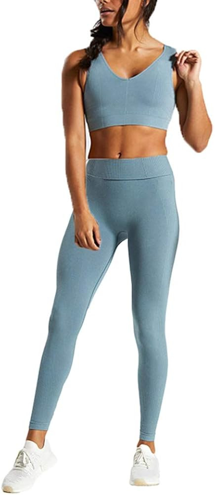 Women Workout Set Power Down V Neck Bra with Seamless Leggings Set Yoga Outfits Sports Clothing | Amazon (US)