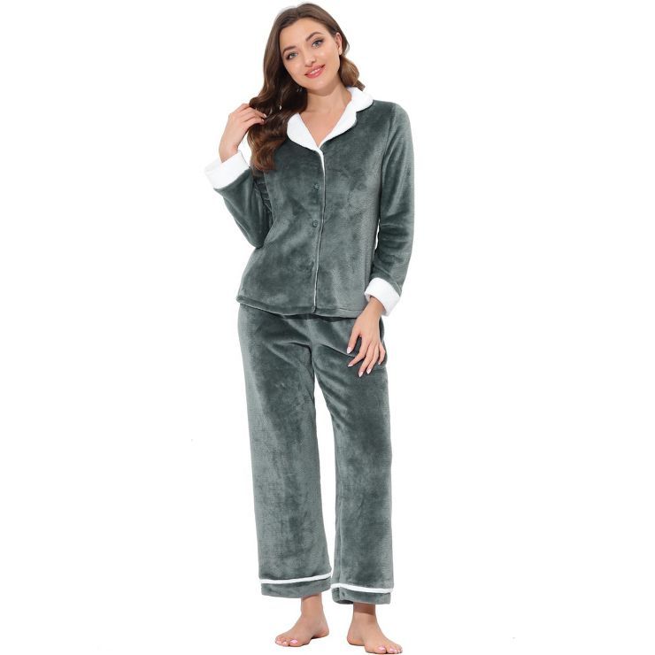 cheibear Womens Sleepwear Flannel Button Down Lounge Warm Winter Long Sleeves Pajama Set | Target