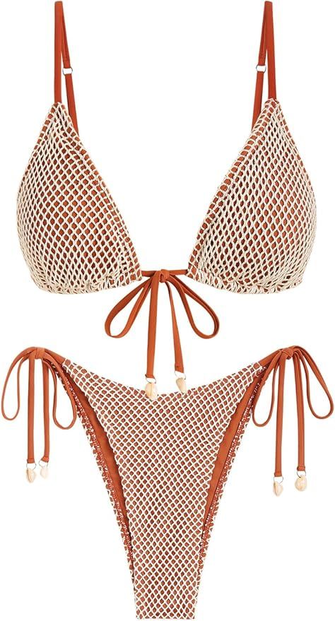 ZAFUL Women Triangle String Two Piece Bikini Fishnet Mesh Tie Shell Decor Tanga 2 Piece Swimsuit | Amazon (US)