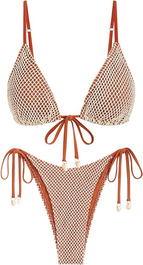 ZAFUL Women Triangle String Two Piece Bikini Fishnet Mesh Tie Shell Decor Tanga 2 Piece Swimsuit | Amazon (US)