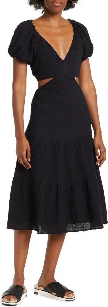 Puff Sleeve Cutout Gauze Midi Dress | Nordstrom Rack