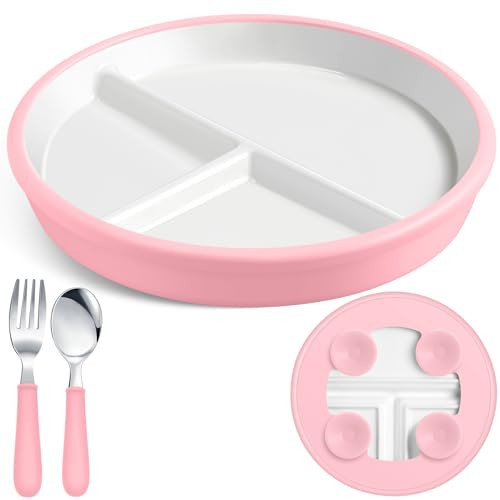 Teenyyou 1 Pack 8" Large Porcelain Toddler Plates Feeding Set, Ceramic Kids Suction Plates with Anti Slip Silicone Sleeve for Baby 3 Spoons and Forks Divided Kids (Pink) | Amazon (US)