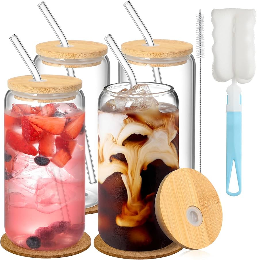 Glass Cups with Bamboo Lids and Glass Straws 4pcs Set, 16oz Beer Can Shaped Drinking Glasses Tumb... | Amazon (US)