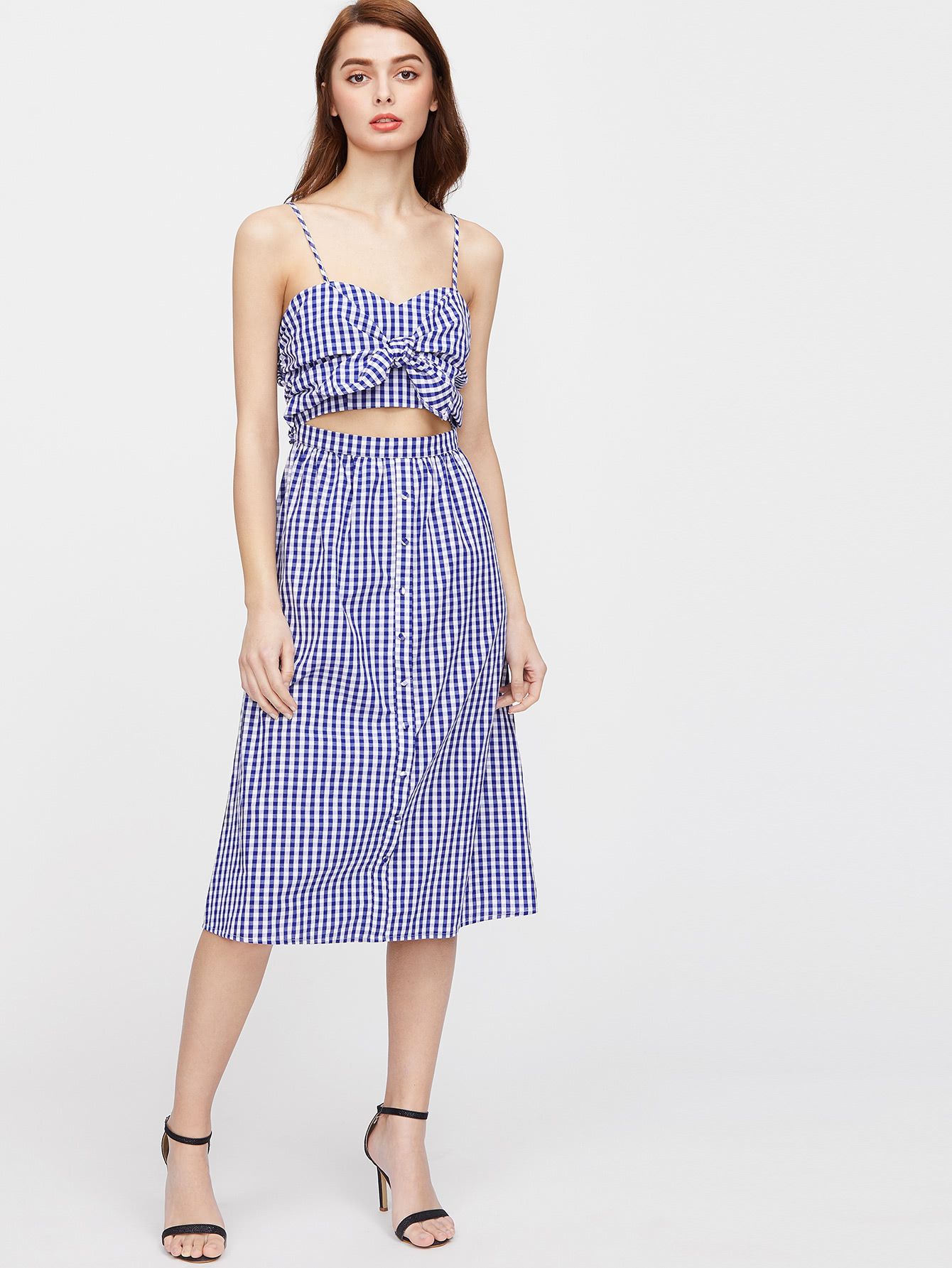 Blue Checkered Knot Detail Midriff Cutout Cami Dress | SHEIN