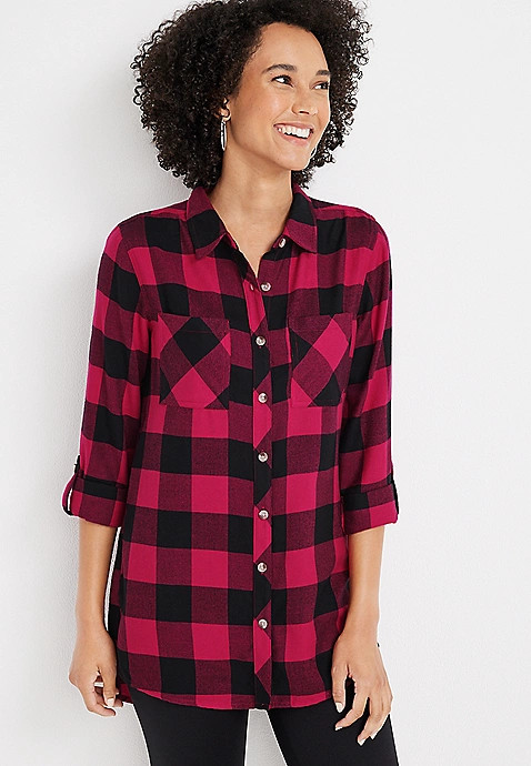 Cabin Plaid High Low Tunic Button Down Shirt | Maurices